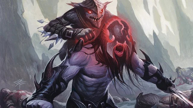 Fantasy creature with glowing red eyes and a dark, rocky landscape
