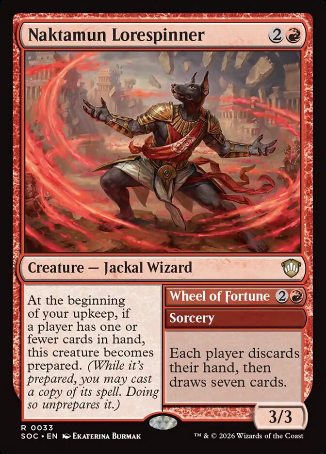 Naktamun Lorespinner card from a collectible card game with detailed artwork and text.