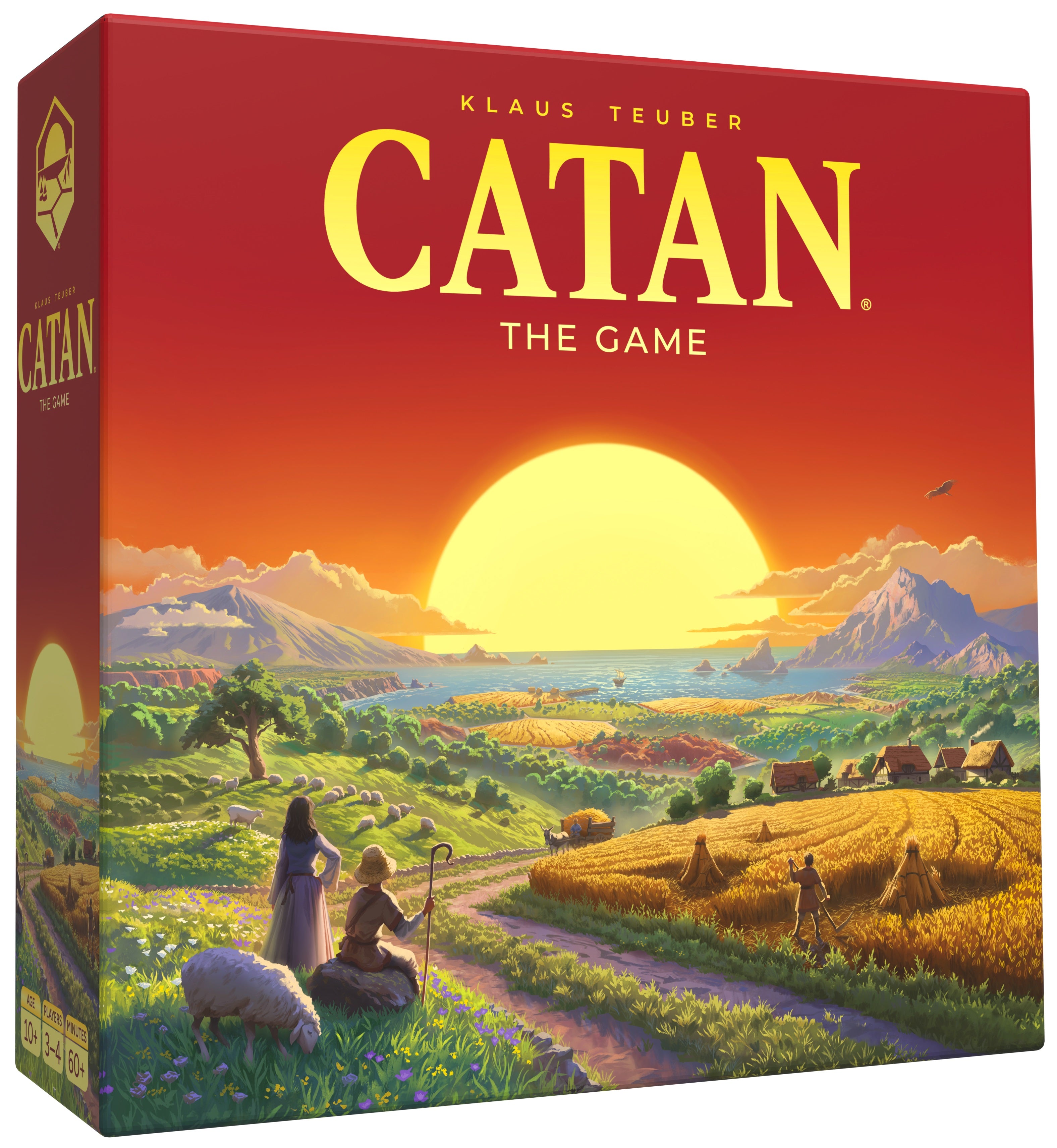 Board game box for 'Catan' with a sunset over a landscape and people tending to fields.