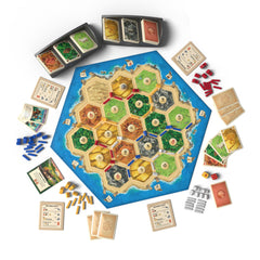 Board game with colorful hexagonal board and various game pieces on a white background