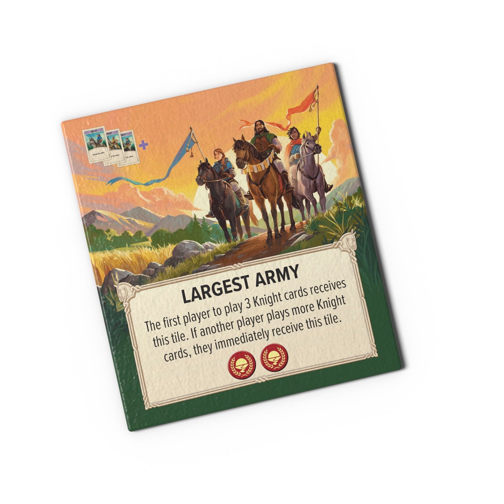 Board game tile with illustration of soldiers on horseback and game rules text.