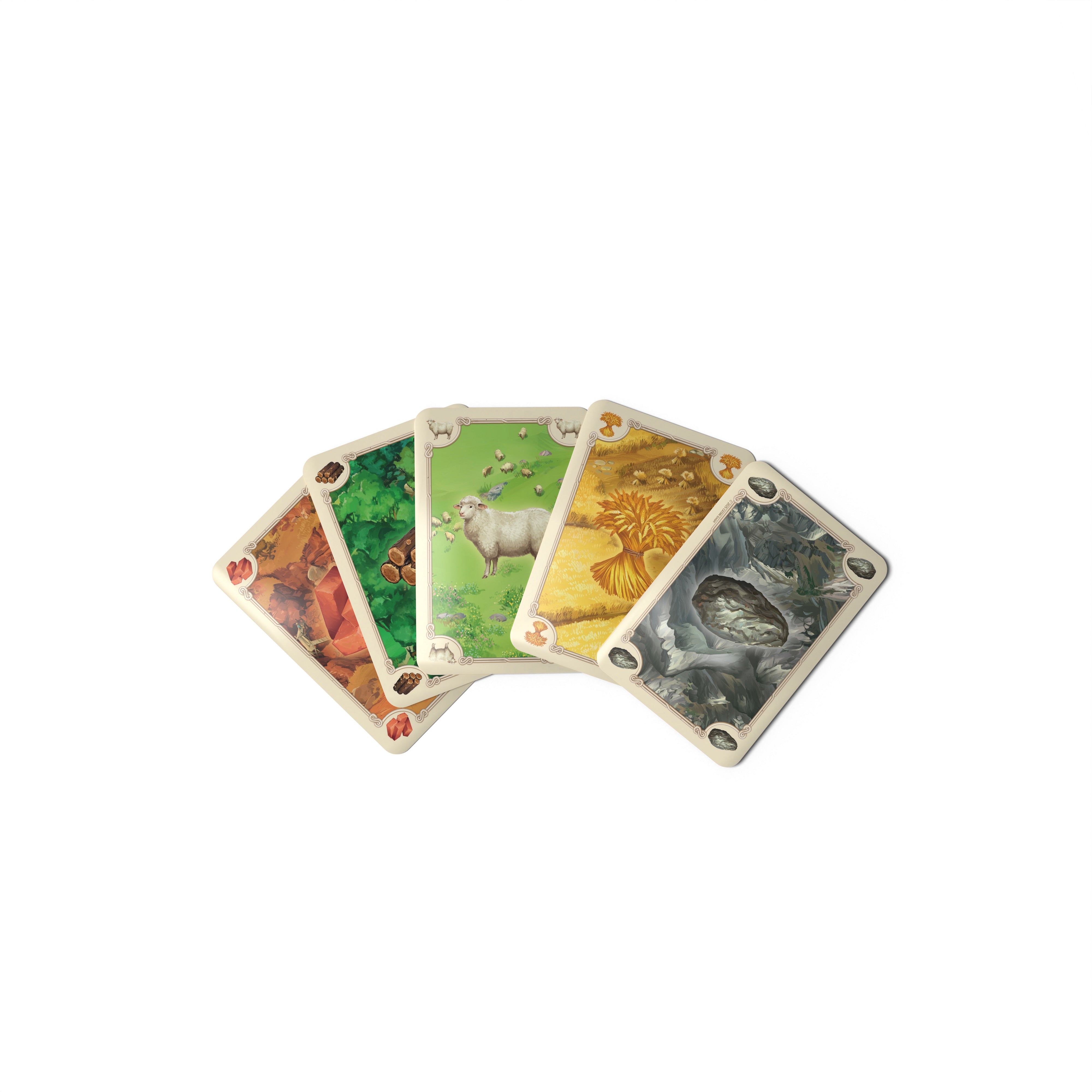 Set of playing cards with nature-themed artwork on a white background