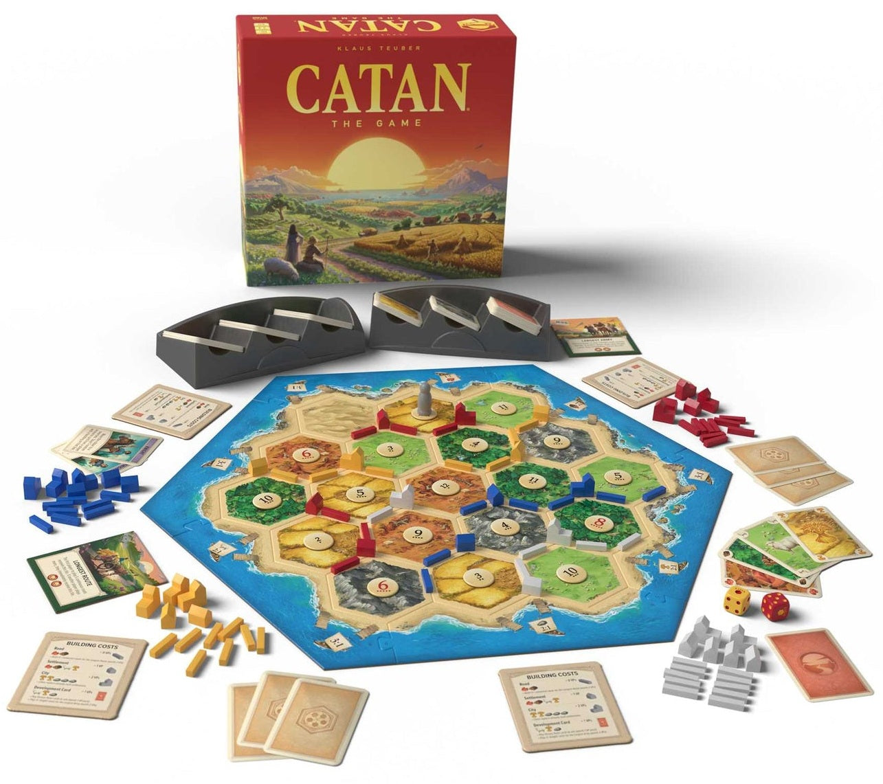 Settlers of Catan board game with components and box on a white background