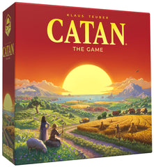 Board game box for 'Catan' with a sunset over a landscape and people tending to fields.