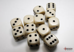 Chessex Opaque 16mm D6 Ivory/black Dice Block (12 dice)