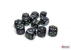 Chessex Opaque 16mm D6 Black/green Dice Block (12 dice)