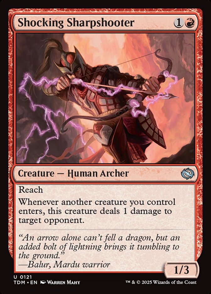 A trading card from the game 'Magic: The Gathering' featuring a red and black card with an illustration of a human archer character named 'Shocking Sharpshooter'.