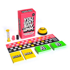 Board game components including a pink box, timer, buzzer, and game board on a white background