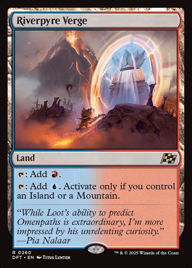 A card from the Riverpyre Verge set, featuring an illustration of a fantasy landscape with a magical or mythical theme, including a structure resembling a temple and an otherworldly landscape.