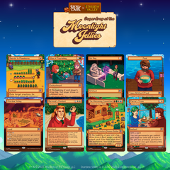 A promotional collage for Secret Fair x Stardew Valley card art, featuring the title banner 'Super-drop of the Moonlight Jellies' and six sample trading card illustrations from Stardew Valley on a blue starry background.