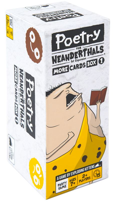 Box for 'Poetry for Neanderthals' party game with cartoon character on a white background
