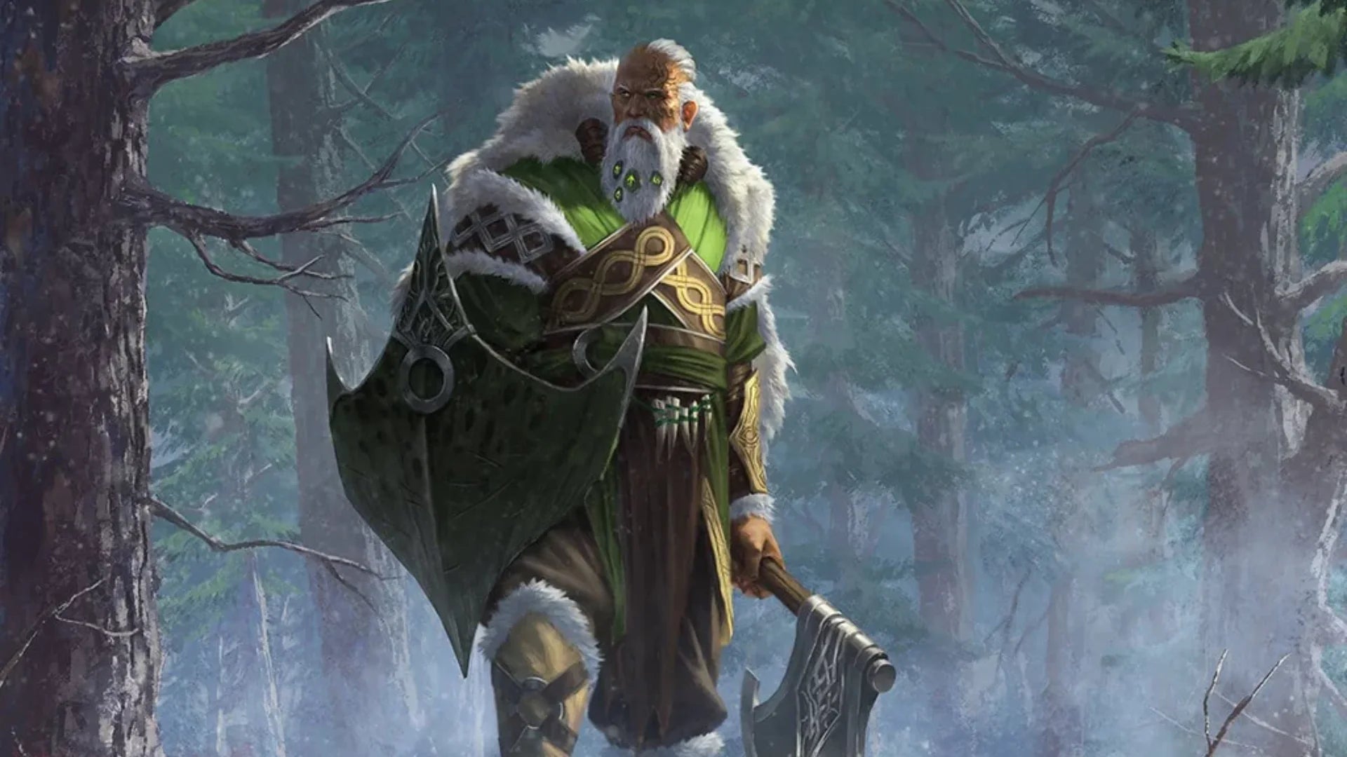Fantasy character in green armor with a fur cloak holding an axe in a forest setting