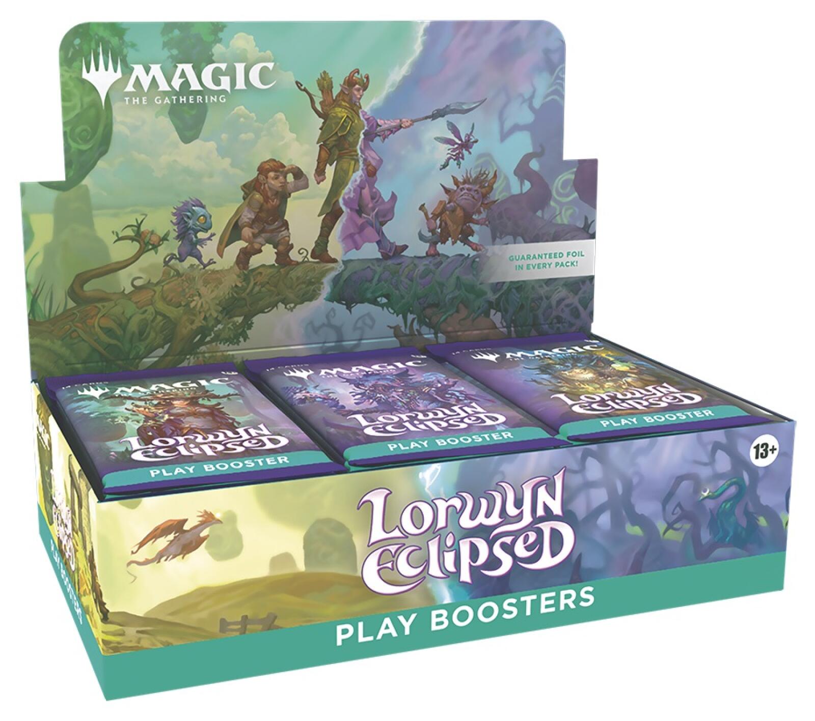 Box of 'Lorwyn Eclipsed' play boosters from 'Magic: The Gathering' with colorful artwork on the packaging.