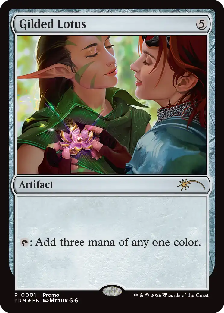 Gilded Lotus card from a collectible card game with two characters and a flower.
