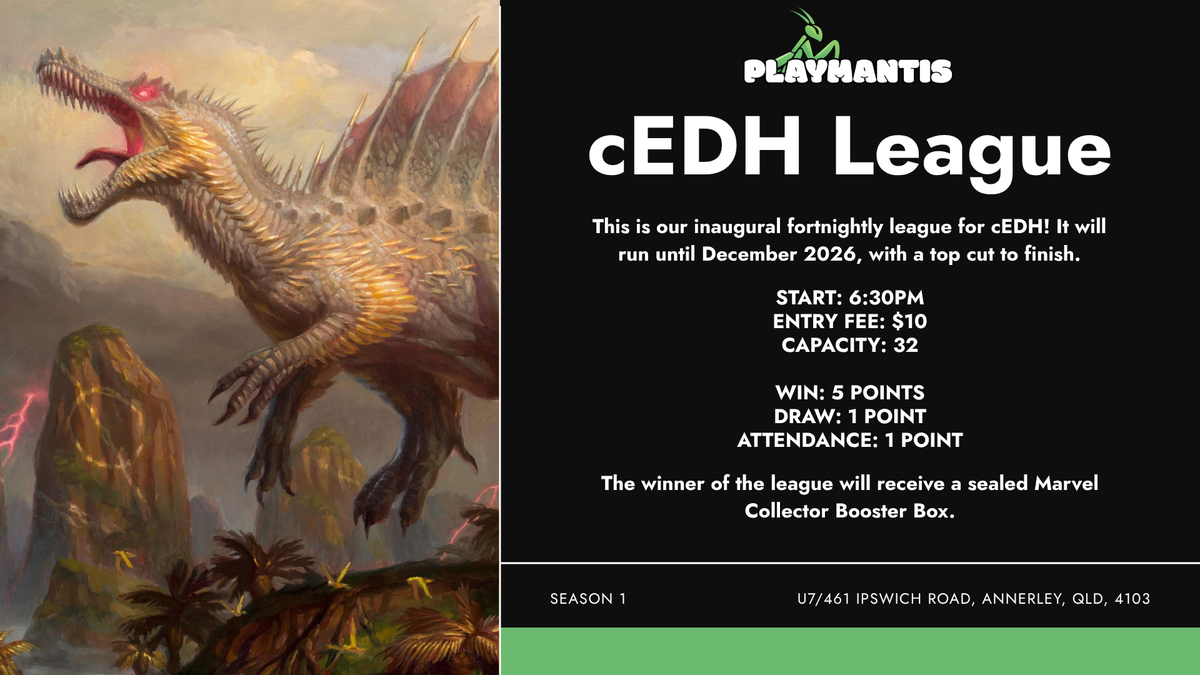 Promotional graphic for the Playhantis cEDH League, featuring a fantasy illustration of a dragon on the left and event details on a black background on the right.
