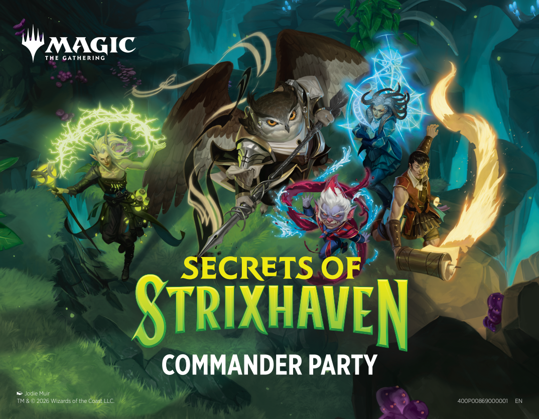 Promotional poster for 'Secrets of Strixhaven Commander Party' featuring characters and creatures from Magic: The Gathering.