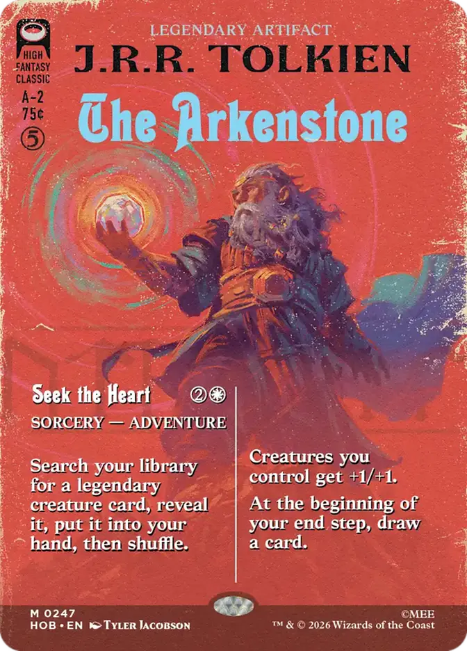 Card featuring J.R.R. Tolkien's 'The Arkenstone' with fantasy artwork on a red background