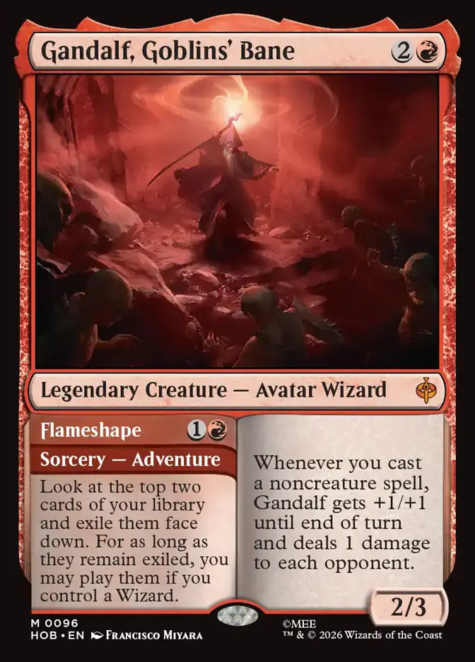 A Magic: The Gathering trading card for 'Gandalf, Goblins' Bane' from the Hob: War of the Scars set. The card features a red border, fantasy artwork of a warrior in a fiery red landscape, and text boxes detailing its game mechanics.